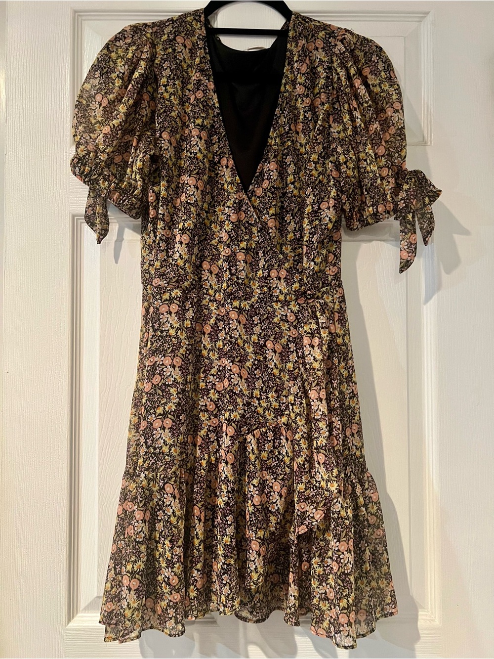 LC Lauren Conrad Black Floral Wrap Dress with Peach and Yellow Accents